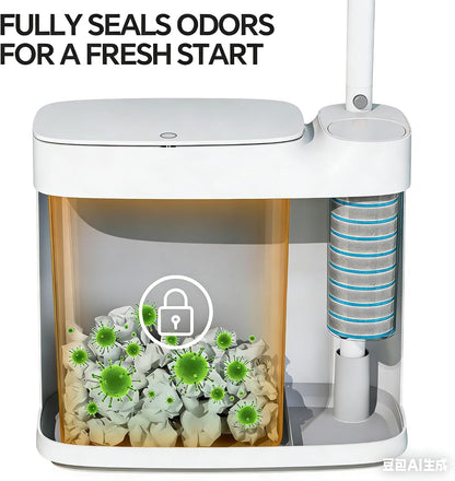 Small Bathroom Trash Can with Lid, Disposable Toilet Brush with 12 Refills, Toilet Bowl Cleaning Wand Set-2 Gallon Silm Garbage can and Toilet Brush Holder for Bathroom, Toilet, RV(White)