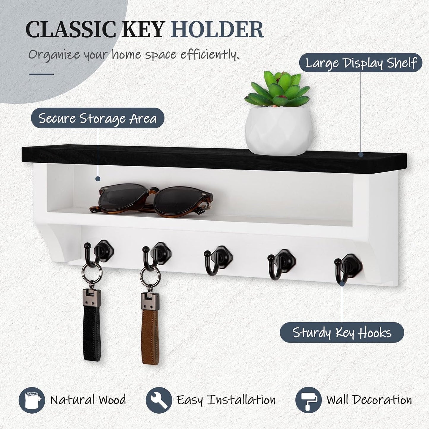 Nekon Key Holder Wall Mount, Wall Organizer Shelf with 5 Key Hooks, Room Decor for Home and Apartment Essentials, White