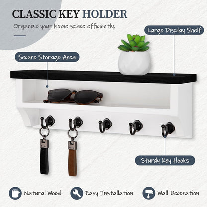 Nekon Key Holder Wall Mount, Wall Organizer Shelf with 5 Key Hooks, Room Decor for Home and Apartment Essentials, White