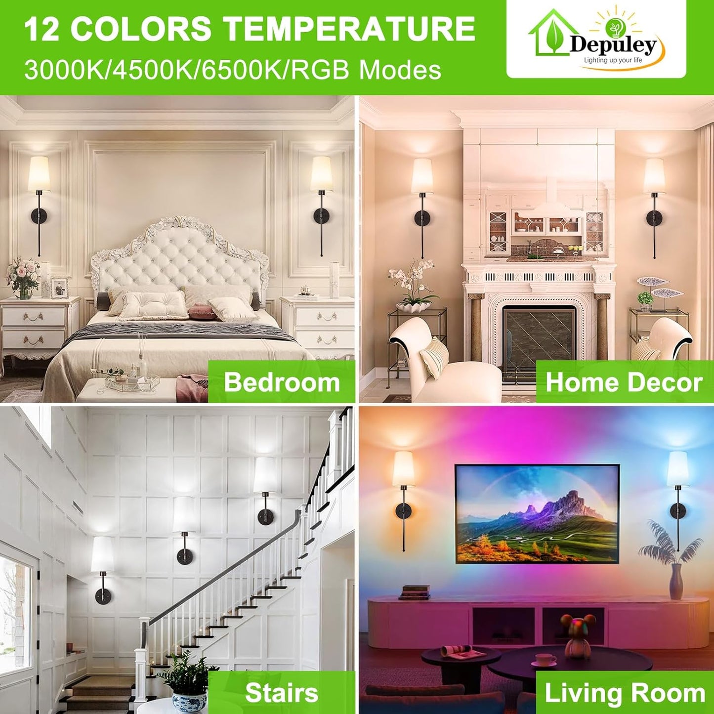 Depuley Battery Operated Wall Sconce: Set of 2 Wireless Wall Lights with 10000mAh Dimmable Bulbs and Remote for Bedroom - Rechargeable 15 Colors Gold Wall Lamp for Living Room Hallway