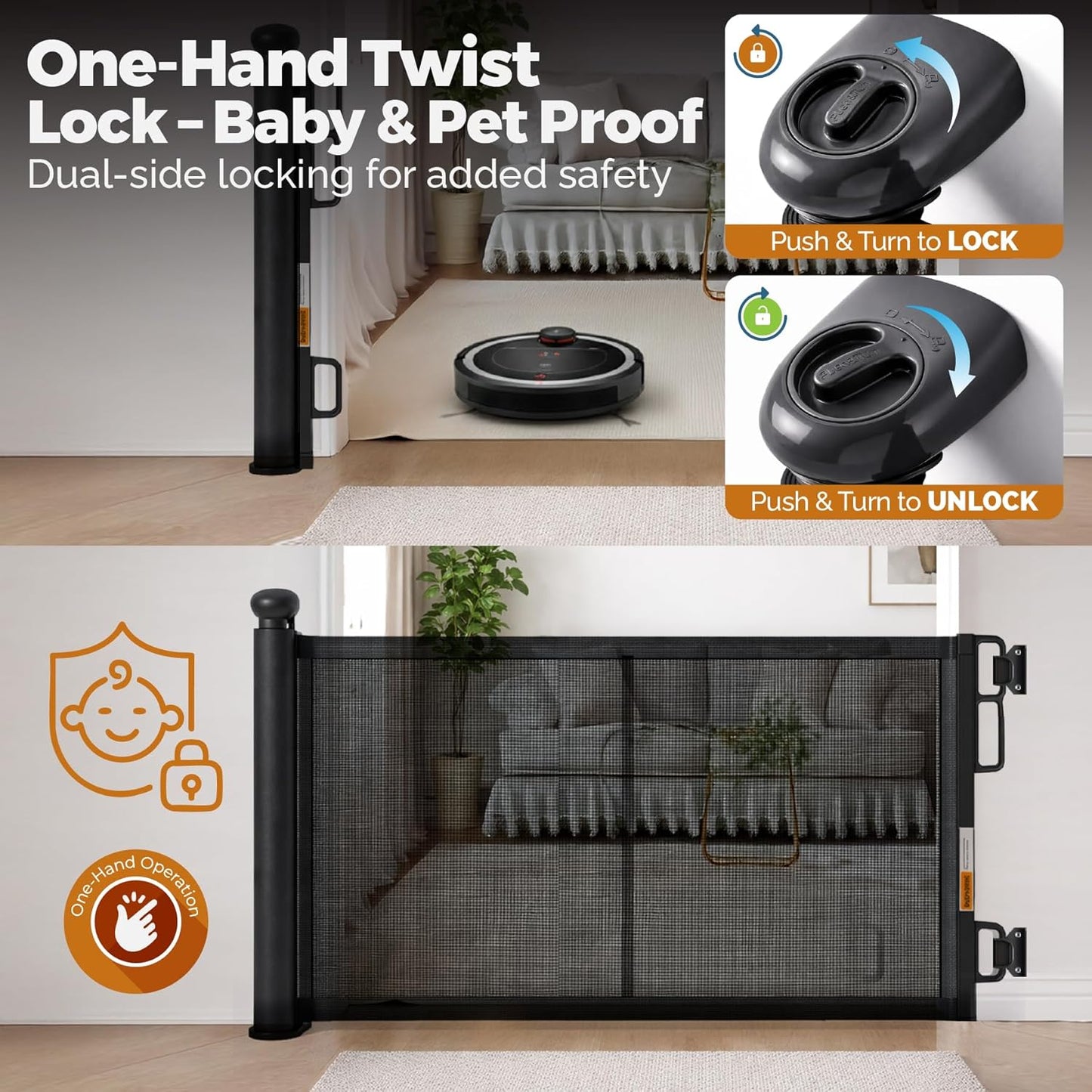 Retractable Baby Gate - 72" Wide Mesh Dog Gate with Support Rods - 34" Tall for Stairs, Doorways, Hallways - Drill or No-Drill - Pet & Cat Gate - Outdoor/Indoor (White, 5.91 Feet)