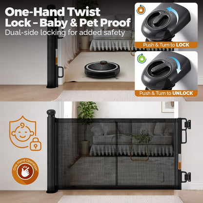 Retractable Baby Gate - 72" Wide Mesh Dog Gate with Support Rods - 34" Tall for Stairs, Doorways, Hallways - Drill or No-Drill - Pet & Cat Gate - Outdoor/Indoor (White, 5.91 Feet)