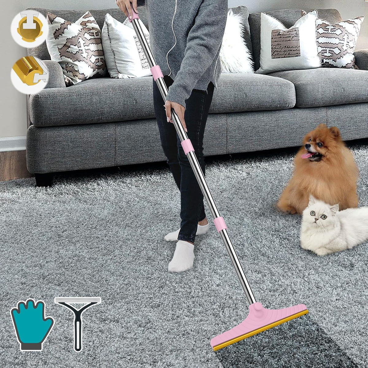 B-Land Carpet Rake for Pet Hair Removal, Reusable Pet Hair Remover with 60” Adjustable Long Handle, Carpet Scraper Broom Dog Cat Hair Remover Tool Fur Sweeper for Rugs, Mats