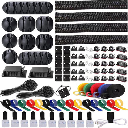 ELII 300PCS Cable Management Kit,4 Cable Sleeve 35 Cable Clips | 11Cord Holders,20 Roll Cable Organizer Straps, 200 Fastening Cable Ties,20 Cable Zip Tie Mounts for Computer TV Under Desk