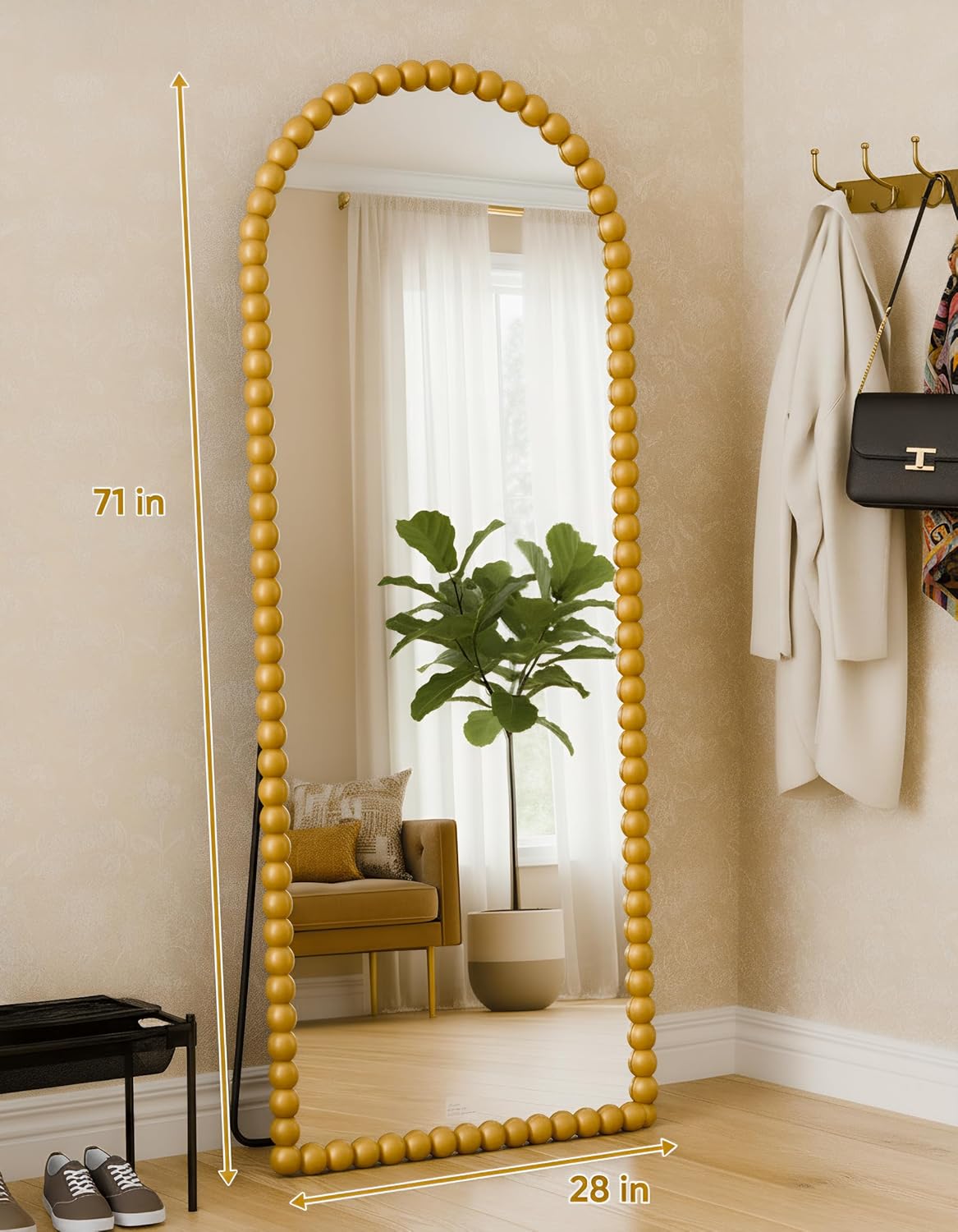 Antok 58" x 21" Arched Full Length Mirror, Antique Beaded Frame Floor Standing or Wall Mounted Mirror with Stand for Bedroom, Entryway, Brown, Luxury Style