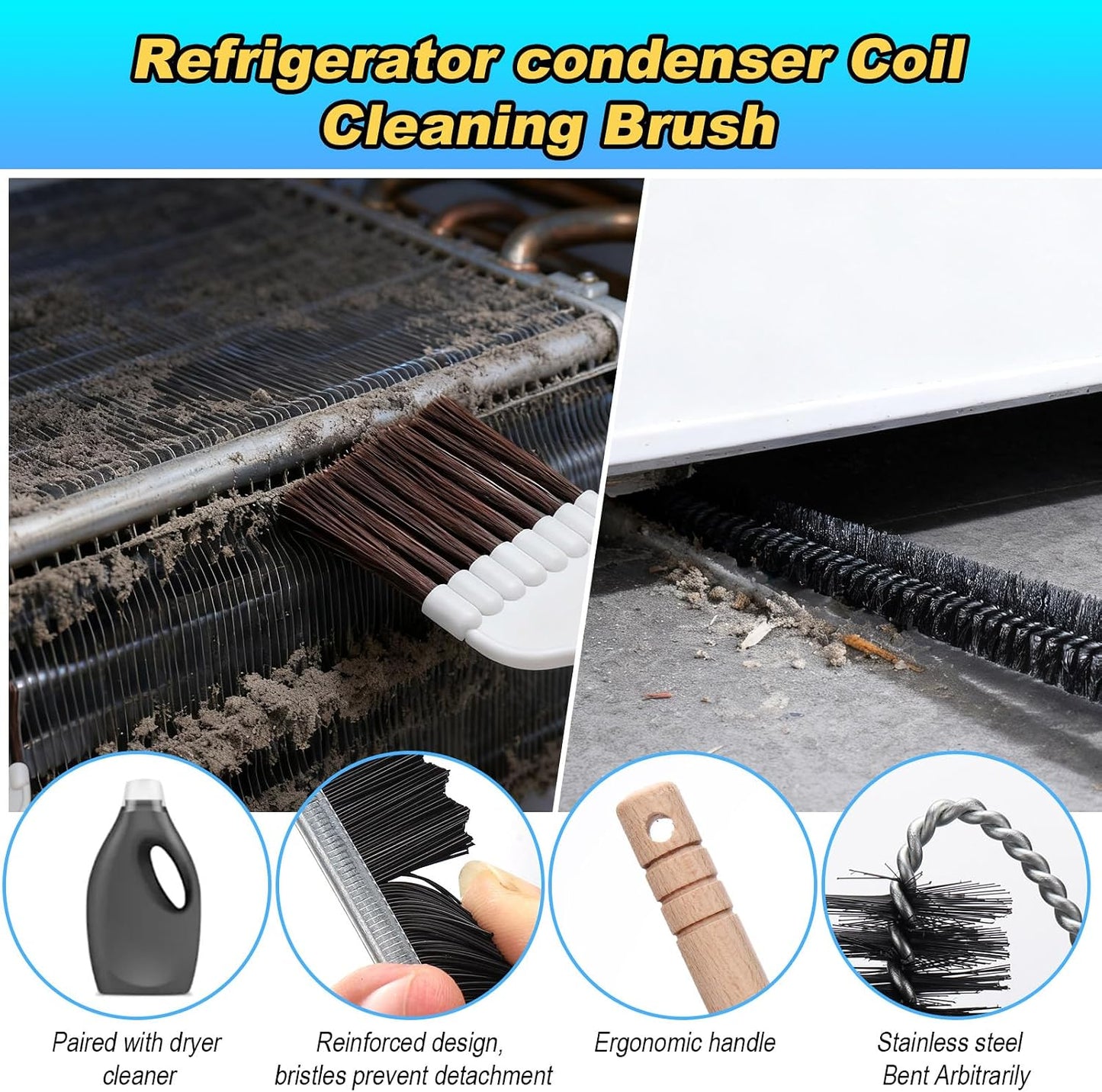 Palksky Refrigerator Coil Cleaning Brush Set, Fridge Radiator Brush & Condenser Coil Cleaning Brush for Dust Removal, Crevice Gap Cleaning Tool for Tight Spaces (5-Pack) ﻿