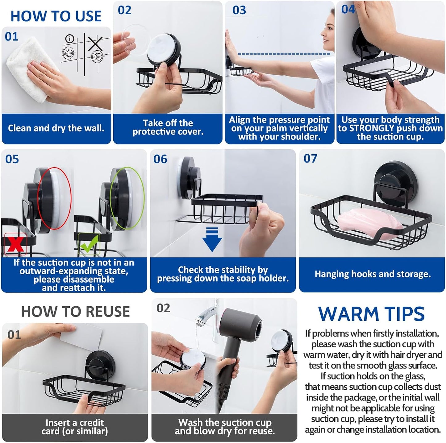 Soap Dish, Soap Bar Holder for Shower Suction Cup with 4 Hooks Wall Mounted, Stainless Steel No-Drilling Removable Waterproof Sponge Holder for Bathroom Bathtub Kitchen Sink, Black