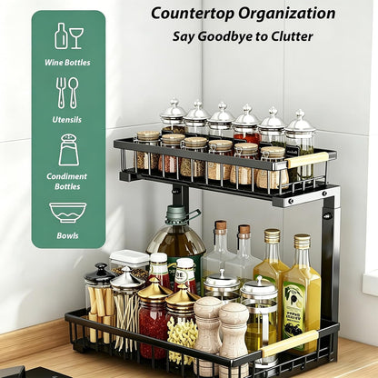 2 Pack Under Sink Organizer, 3-Tier Pull Out Kitchen Cabinet Organizer with 5 Adjustable Heights Metal Slide Out Bathroom Storage Makeup Drawer Rack for Bedroom Office Pantry Home Organization, White