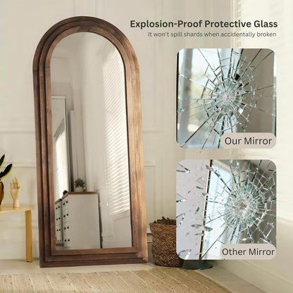 PERFNIQUE Arched Full Length Mirror with Solid Wood Frame, 71"x32" Rustic Farmhouse Wall Mounted Floor Mirror with Stand, Vertical Hanging, Leaning Standing for Bedroom, Living Room & Entryway