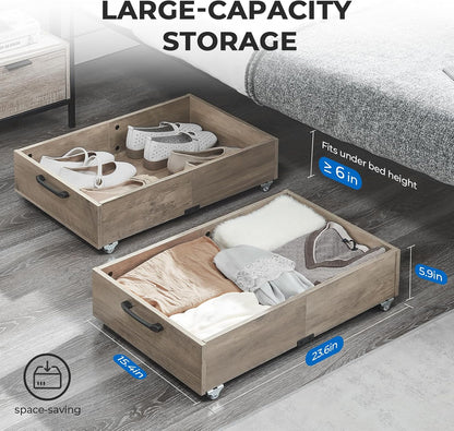 TIOPGHAD 2-Pack Under Bed Storage Drawers Organizer with Wheels, Brown | 58L total capacity, 80 lb per Drawer, Fits 6 in Bed Clearance, Rolling Drawers for Shoes, Clothes, Linens, Toys