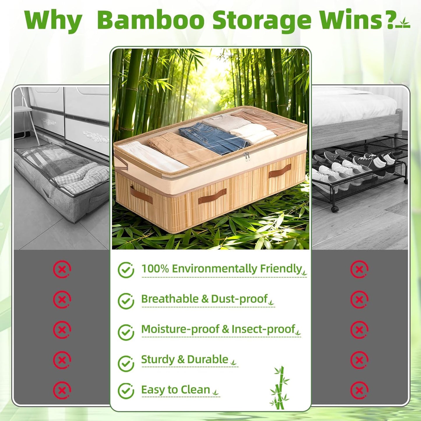 Livole 2 Pack Bamboo Under Bed Storage Containers with Wheels | Breathable Bamboo, Invisible Wheels, 6 inches Height, 56L Large Capacity, Easy Setup, Handles, Clear Lid