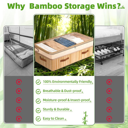 Livole 2 Pack Bamboo Under Bed Storage Containers with Wheels | Breathable Bamboo, Invisible Wheels, 6 inches Height, 56L Large Capacity, Easy Setup, Handles, Clear Lid