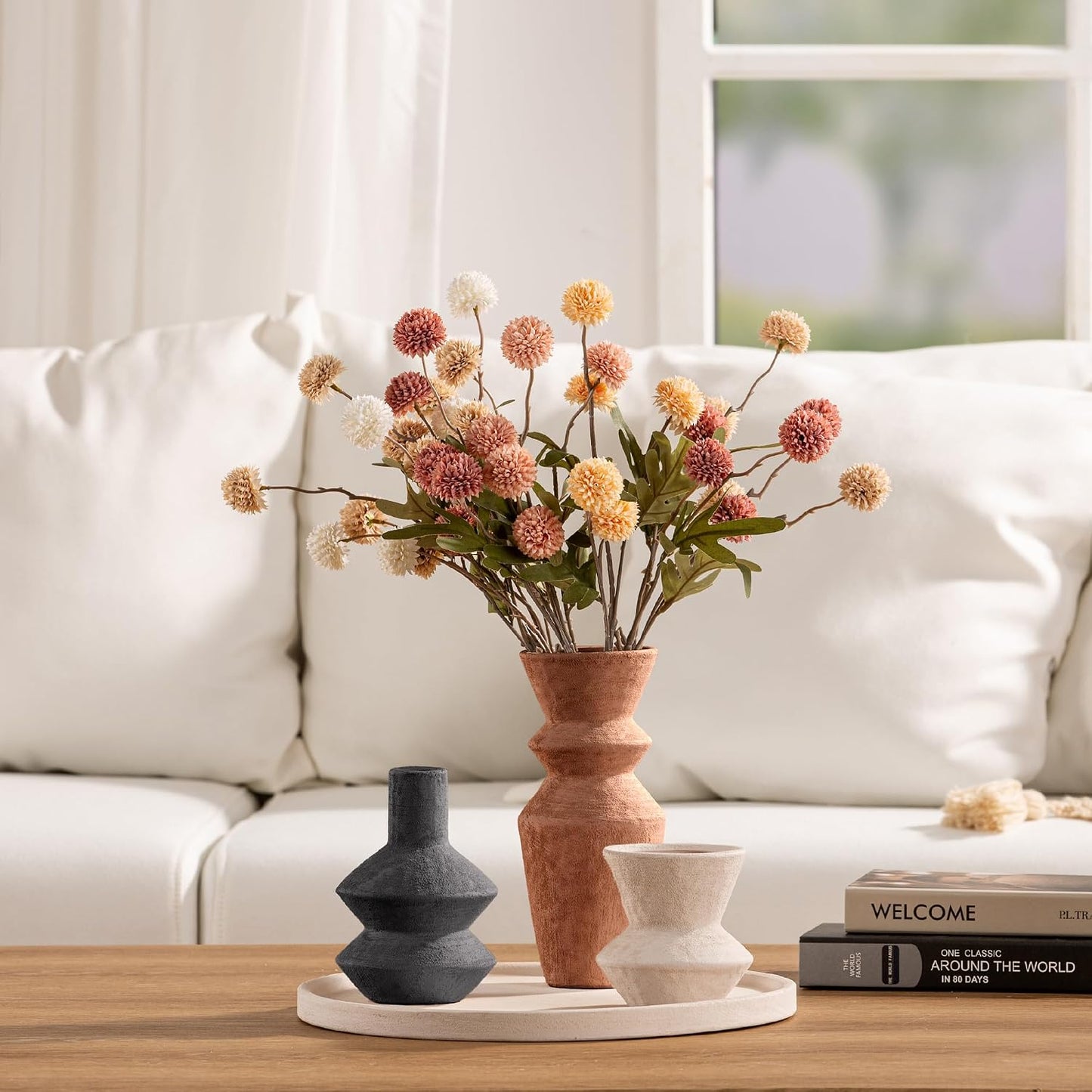 Ceramic Vase Home Table Decor - Flower Vase Set of 3 Living Room Kitchen Decorations Farmhouse Modern Rustic Vases Decorative Centerpiece for Shelf Bedroom Office Bathroom Dining Coffee Desk