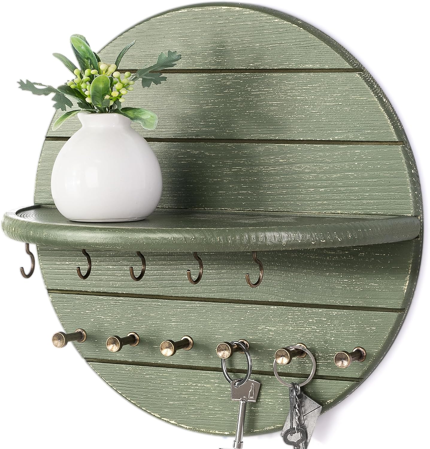 Rebee Vision Pine Wood Key Holder Wall Mount – Rustic Wooden Key Hooks for Wall with Shelf – Decorative Mail Organizer, Coat Rack & Dog Leash Holder for Home Decor, Entryway and Living Room (Brown)