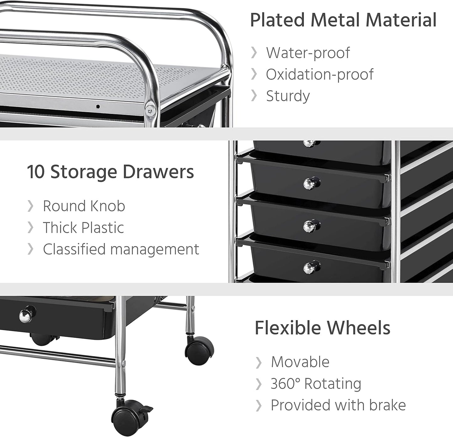 Yaheetech 4-Drawer Rolling Storage Cart with Wheels, Slim Organizer, Black | Four drawers plus a top shelf organize craft to bath gear; slim chrome-steel frame, plastic bins, locking wheels, easy setup.