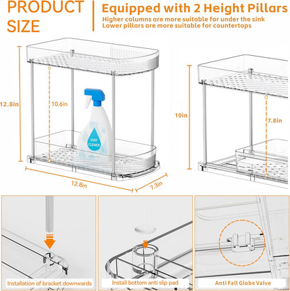 2 Pack 3 Tier Large Pull Out Bathroom Organizers and Storage,13.8″ Deep Sliding Kitchen Under Sink Organizer for Cleaning Products Storage,Acrylic Clear Bathroom inder Sink Organizer,Undersink Storage