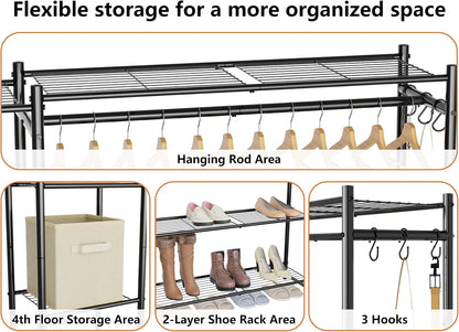 Wardrobe Closet,Portable Clothes Rack with 4 Tiers Shelves,Freestanding Closet Organizers and Storage System with Hanging Rods,Steel Clothing Rack Suitable for Cloakrooms,Bedrooms,Entrances,etc.Black
