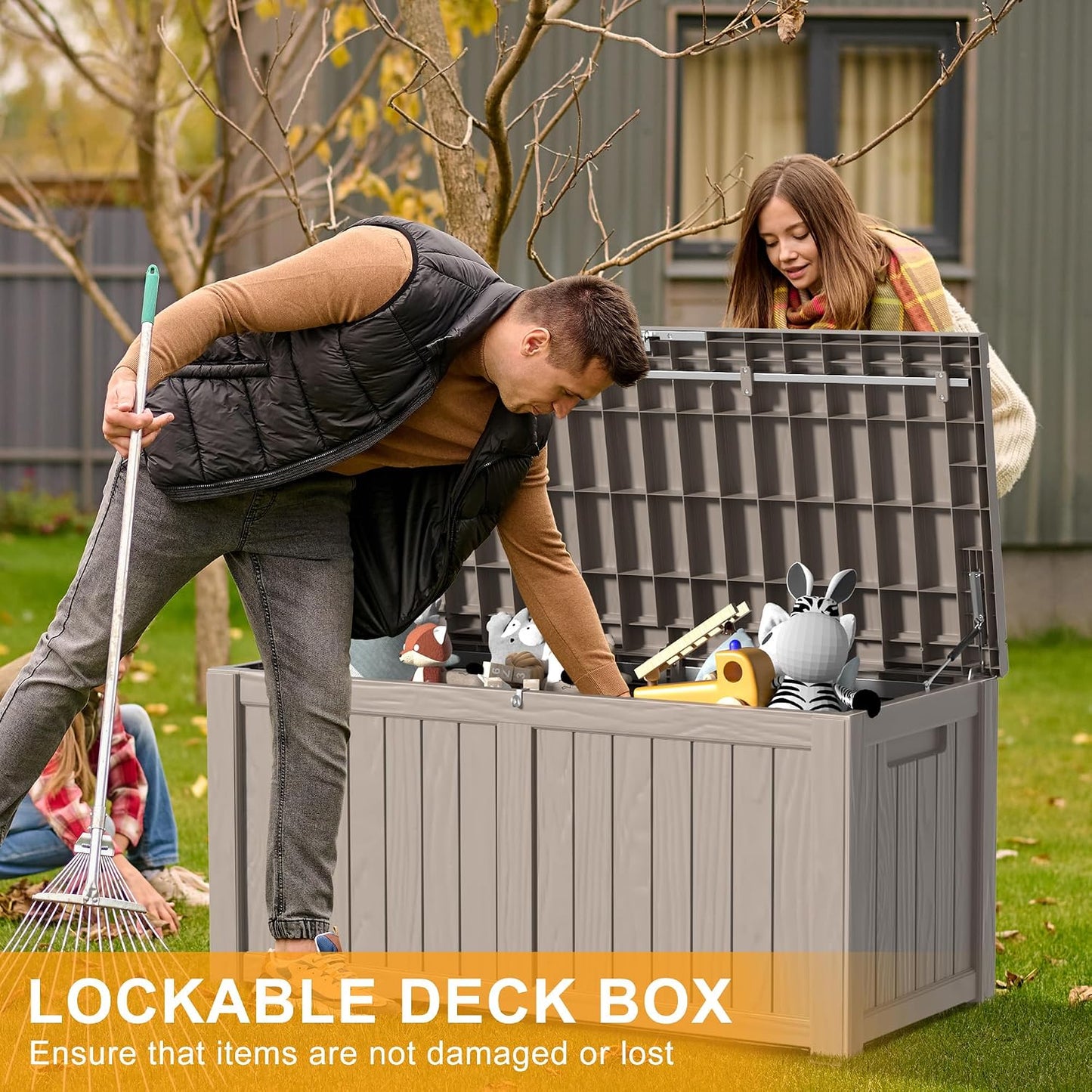 Package Delivery Box, Lockable Resin Outdoor Package, Waterproof Deck Box for Porches, Patios, Indoor & Outdoor Use (70 Gallon, Grey)
