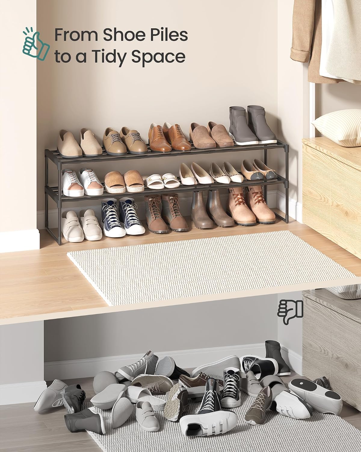 SONGMICS Shoe Rack, 6-Tier Shoe Organizer, Metal Storage Shelf, Upright or Upside Down, for 24-30 Pairs, Stackable, for Entryway, 11.8 x 36.2 x 42.7 Inches, Black ULSA306BH01