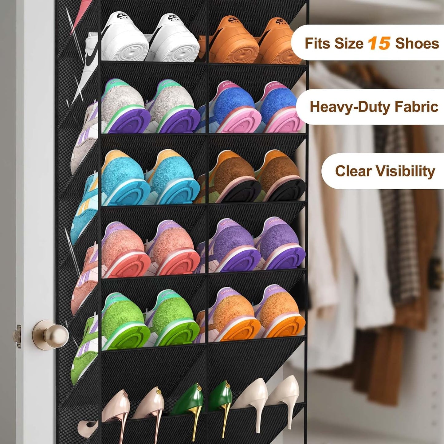 UVIAHOMI 20-30 Pairs Over the Door Shoe Organizer, Clear Pockets Hanging Shoe Storage for Closet, 10-Tier Door Shoes Rack, Handing Shoes Holder Fit All the Family's Sneakers, Boots, Heels, White