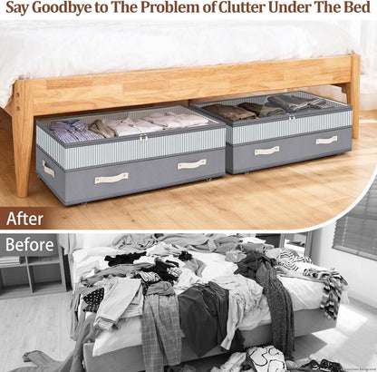 Dolicer 2 Pack Under Bed Storage with Wheels, 6in-10in Height Adjustable Underbed Storage Containers, 92L XXXL Under Bed Drawers Rolling Bin with Clear Lids for Dorm Shoes Clothes Organizers(Grey)