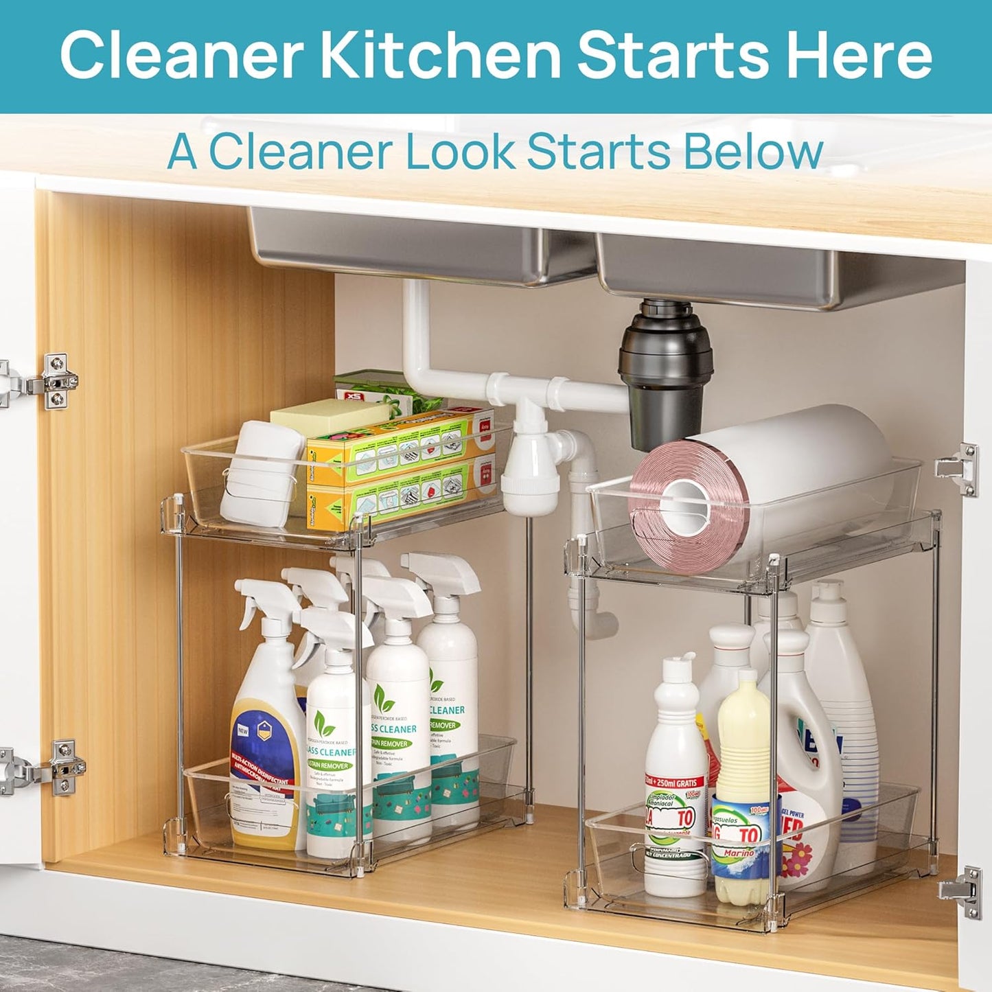 Vtopmart 2 Tier Bathroom Storage Organizer, 2 Pack Clear Under Sink Organizers Vanity Counter Container, Cabinet Drawers Bins, Pull-Out Organization with Track for Pantry, Kitchen