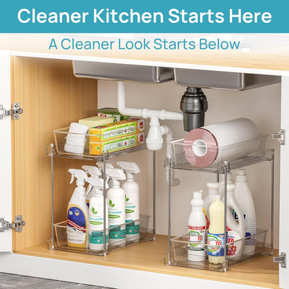 Vtopmart 2 Tier Bathroom Storage Organizer, 2 Pack Clear Under Sink Organizers Vanity Counter Container, Cabinet Drawers Bins, Pull-Out Organization with Track for Pantry, Kitchen