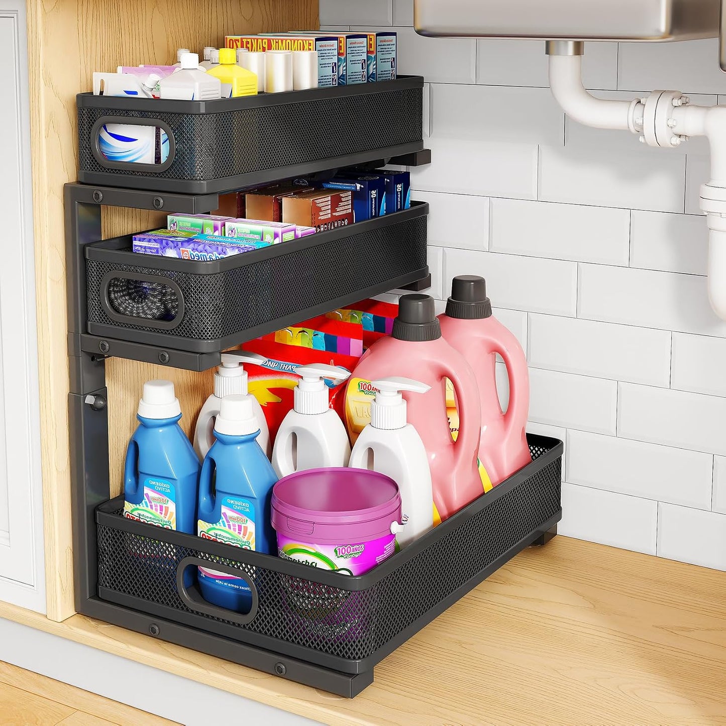 Under Sink Organizer, 2-Pack 3-Tier Thickened Metal Pull out Cabinet Organizer Shelf, Height Adjustable Slide out Storage Drawer Rack for Kitchen Bathroom Pantry Laundry Home Office Organization