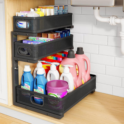 Under Sink Organizer, 2-Pack 3-Tier Thickened Metal Pull out Cabinet Organizer Shelf, Height Adjustable Slide out Storage Drawer Rack for Kitchen Bathroom Pantry Laundry Home Office Organization