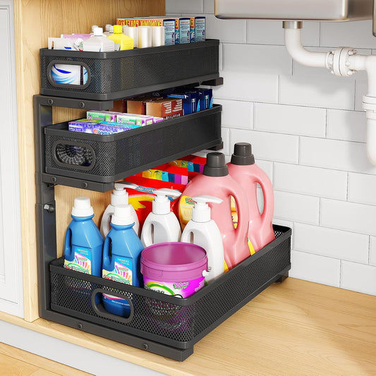 Under Sink Organizer, 2-Pack 3-Tier Thickened Metal Pull out Cabinet Organizer Shelf, Height Adjustable Slide out Storage Drawer Rack for Kitchen Bathroom Pantry Laundry Home Office Organization