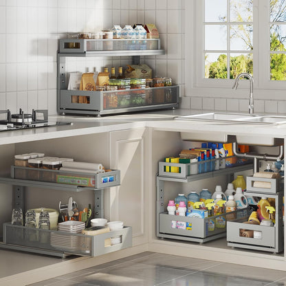 2 Pack Under Sink Organizer with Next-Gen Ball-Bearing Slides,2-Tier Pull Out Cabinet Storage,Height Adjustable Drawer Shelf for Bathroom,Kitchen,Laundry,Cabinet,Pantry(Patent Pending)