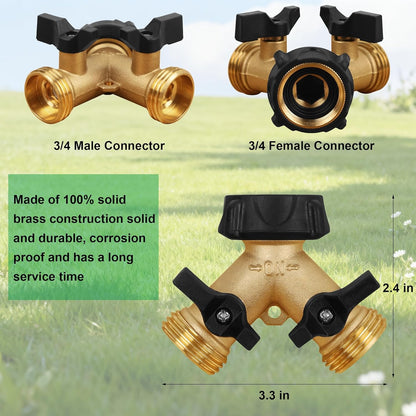 Biswing 2 Pack Garden Hose Splitter 2 Way, Heavy Duty Brass Connector Tap Splitter, Y Splitter 2 Valves with 4 Extra Rubber Washers