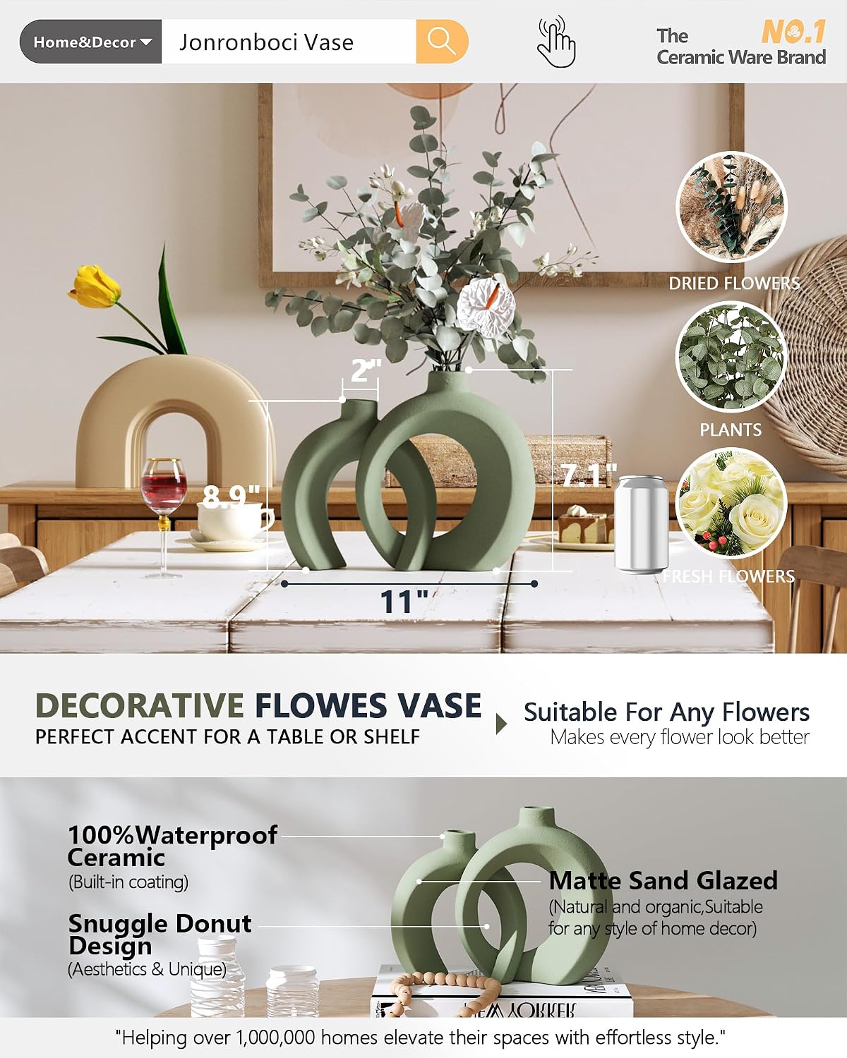 7.2″Hx8.9″H Donut Shape Decorative Vase Set of 2, Ceramic, Modern Minimalism Styles, Flowers or Plant Table Vases for Home Decor Living Room Shelf Entry Console Mantle Dining Centerpiece (Matte White)