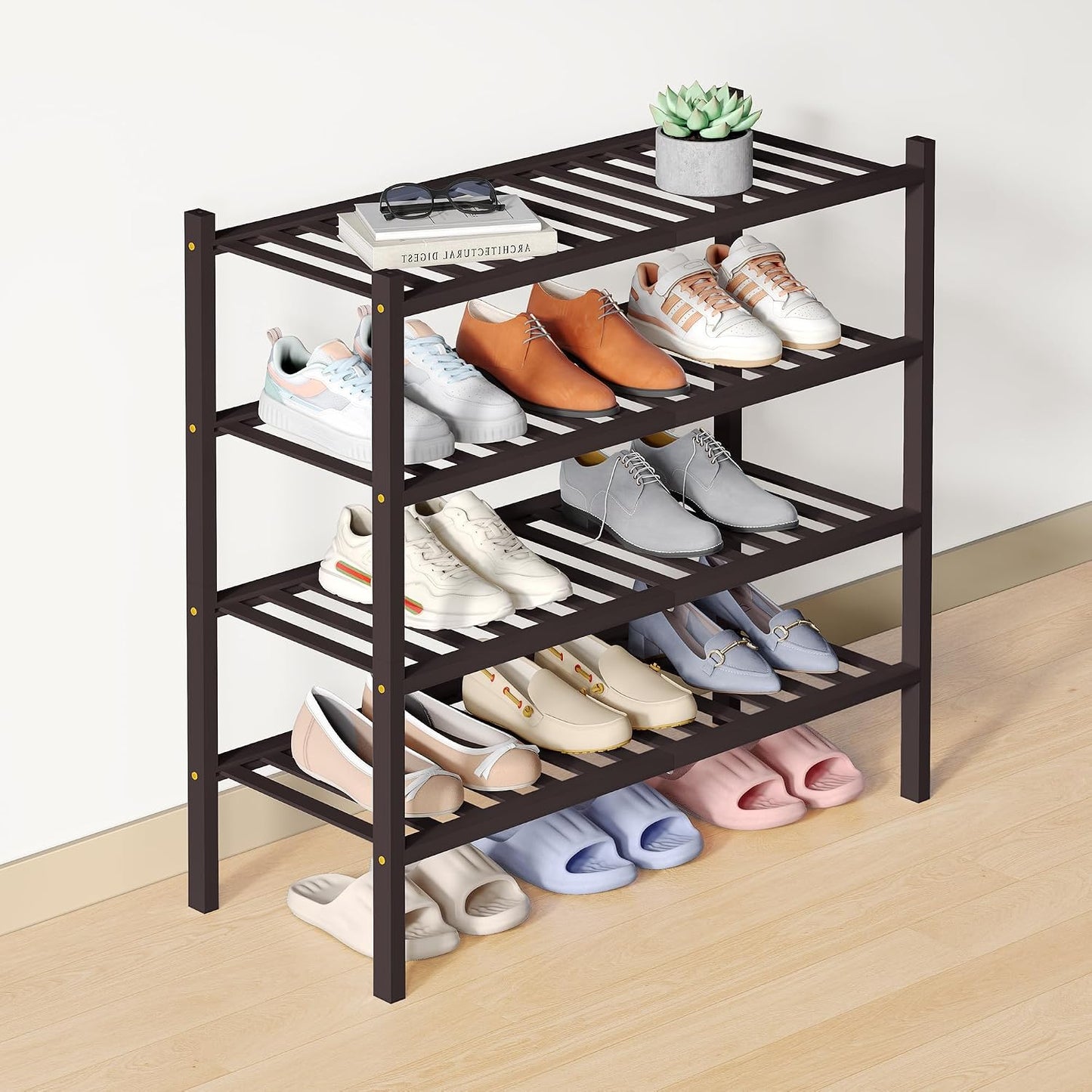 Smiry Bamboo Shoe Rack for Closet, 3 Tier Wooden Shoe Organizer, Stackable Wood Shoe Storage Shelf for Entryway, 14 Vertical Slats, One-piece Heavy-Duty Legs, 26.77"x11.02"x18.31", Natural