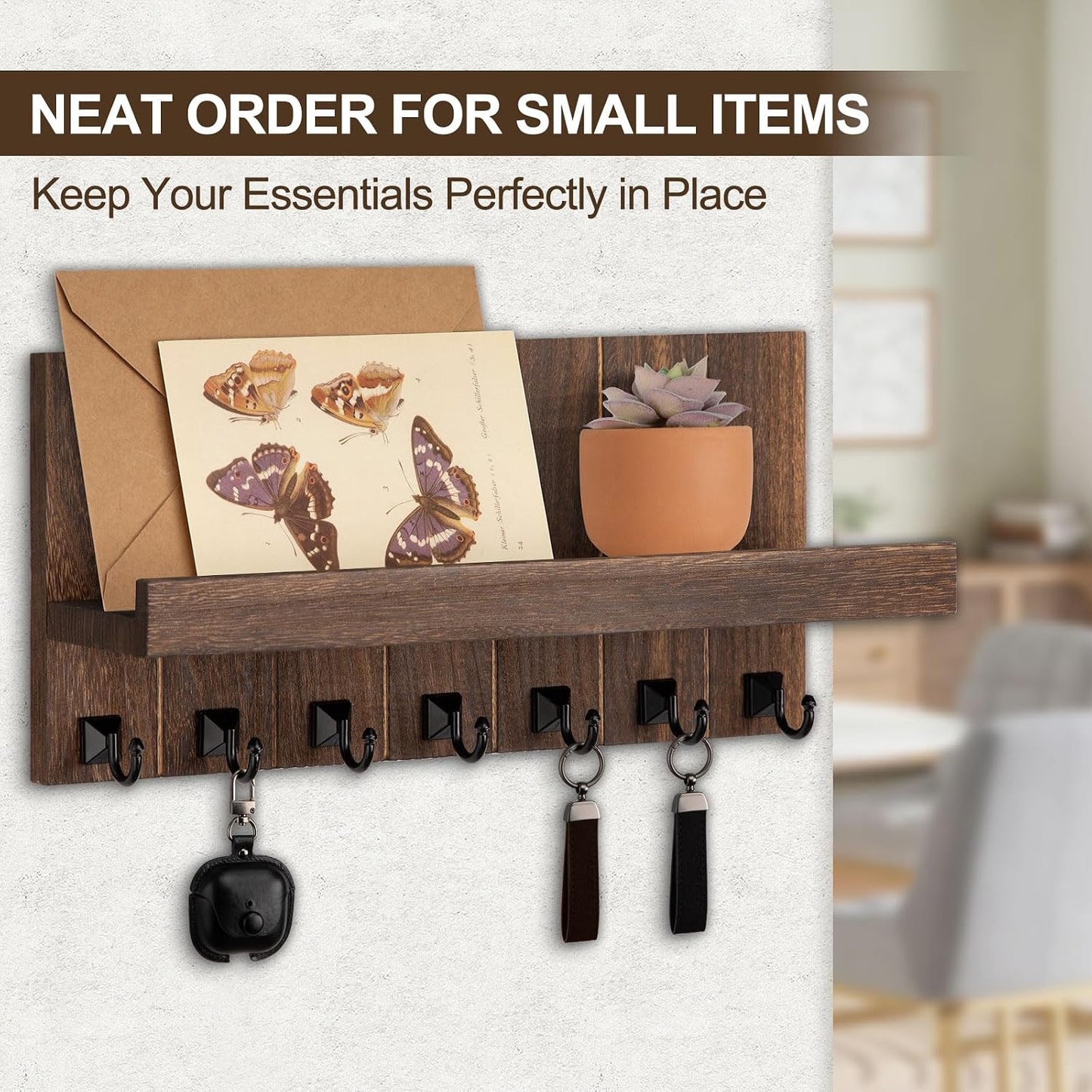 Key Holder for Wall, Decorative Key Holder with Shelf, Key and Mail Holder Wall Mount, Farmhouse Decor with 5 Key Hooks for Keys, Coats, ect.