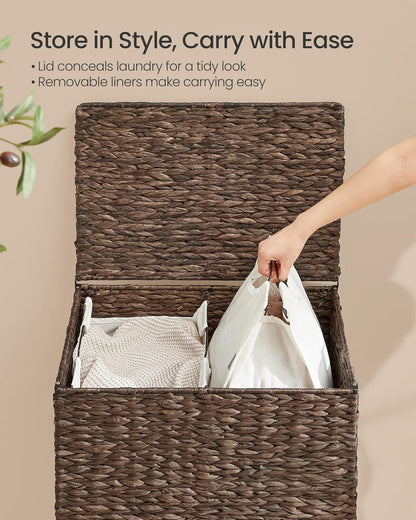 SONGMICS Laundry Hamper 3 Sections, 47.5 Gal. (180 L) Handwoven Water Hyacinth Wicker Laundry Basket with Lid, Natural Material, Removable Machine Washable Liners, Handles, Natural ULCB203Y01