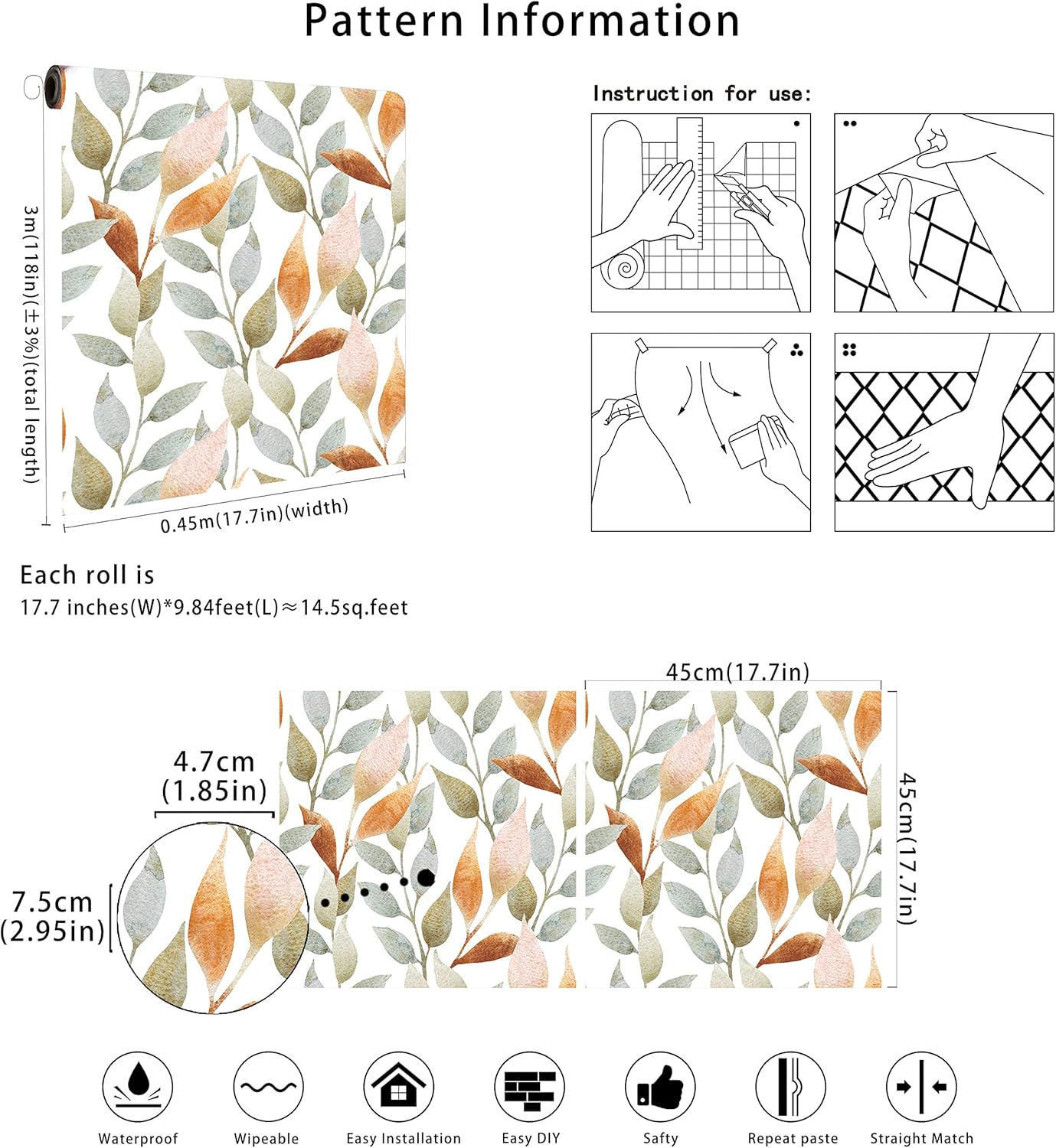 Floralplus Peel and Stick Wallpaper Removable Leaf Boho Wallpaper for Bathroom Floral Renter Friendly Wallpapers for Bedroom Leaf Contact Paper for Kitchen Cabinet Home Decor 17.5 x 118 in