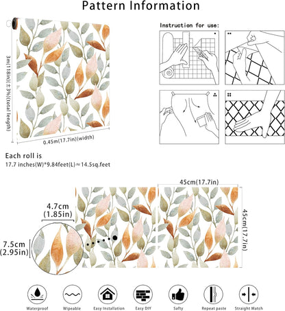 Floralplus Peel and Stick Wallpaper Removable Leaf Boho Wallpaper for Bathroom Floral Renter Friendly Wallpapers for Bedroom Leaf Contact Paper for Kitchen Cabinet Home Decor 17.5 x 118 in