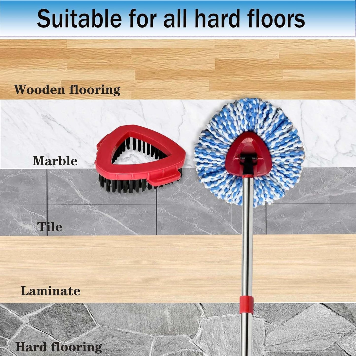 Spin Mop Replace Heads for O Cedar Rinse Clean 2 Tank System, Spin Mop Replacement Head 2 Microfiber Mop Refills, 1 Triangle Head Cover and 30-58in Handle 1 1Scrub Brush