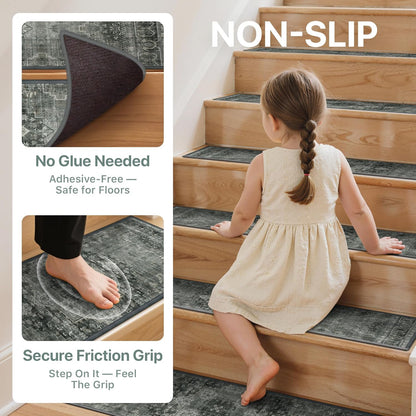 sarben Non Slip Stair Treads for Wooden Steps 15PCS - 8"x30" Indoor Safety Carpet, Edging Mats with TPE Adhesive Backing, Pet and Elderly Friendly Stair Rugs (Taupe) - Colors B