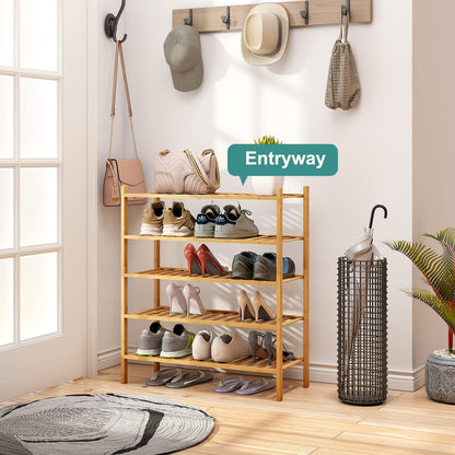 viewcare 3-Tier Black Bamboo Shoe Rack for Entryway, Stackable | Foldable | Natural, Shoe Shelf Storage Organizer for Hallway Closet, Free Standing Shoe Racks for Indoor Outdoor