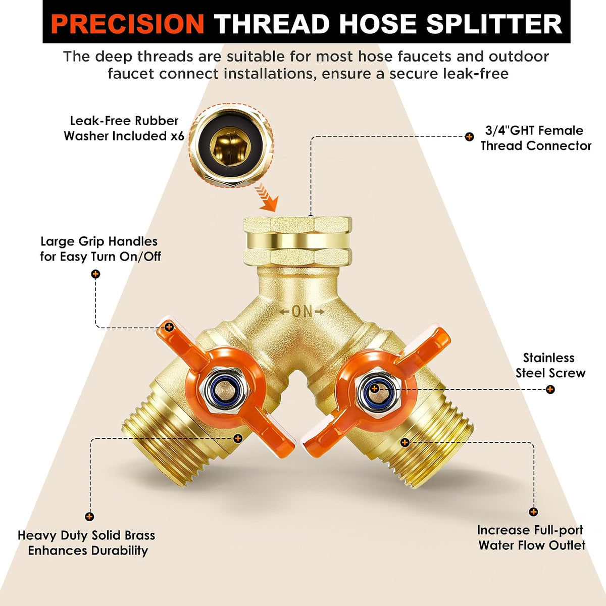 Garden Hose Splitter 3/4" GHT Full Flow 2 Way Brass Hose Splitter Heavy Duty All Metal Hose Y Splitter with Shutoff Outdoor Faucet Water Hose Splitter Y Valve Tap Adapter for Outdoor Garden