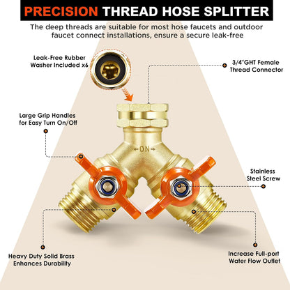 Garden Hose Splitter 3/4" GHT Full Flow 2 Way Brass Hose Splitter Heavy Duty All Metal Hose Y Splitter with Shutoff Outdoor Faucet Water Hose Splitter Y Valve Tap Adapter for Outdoor Garden