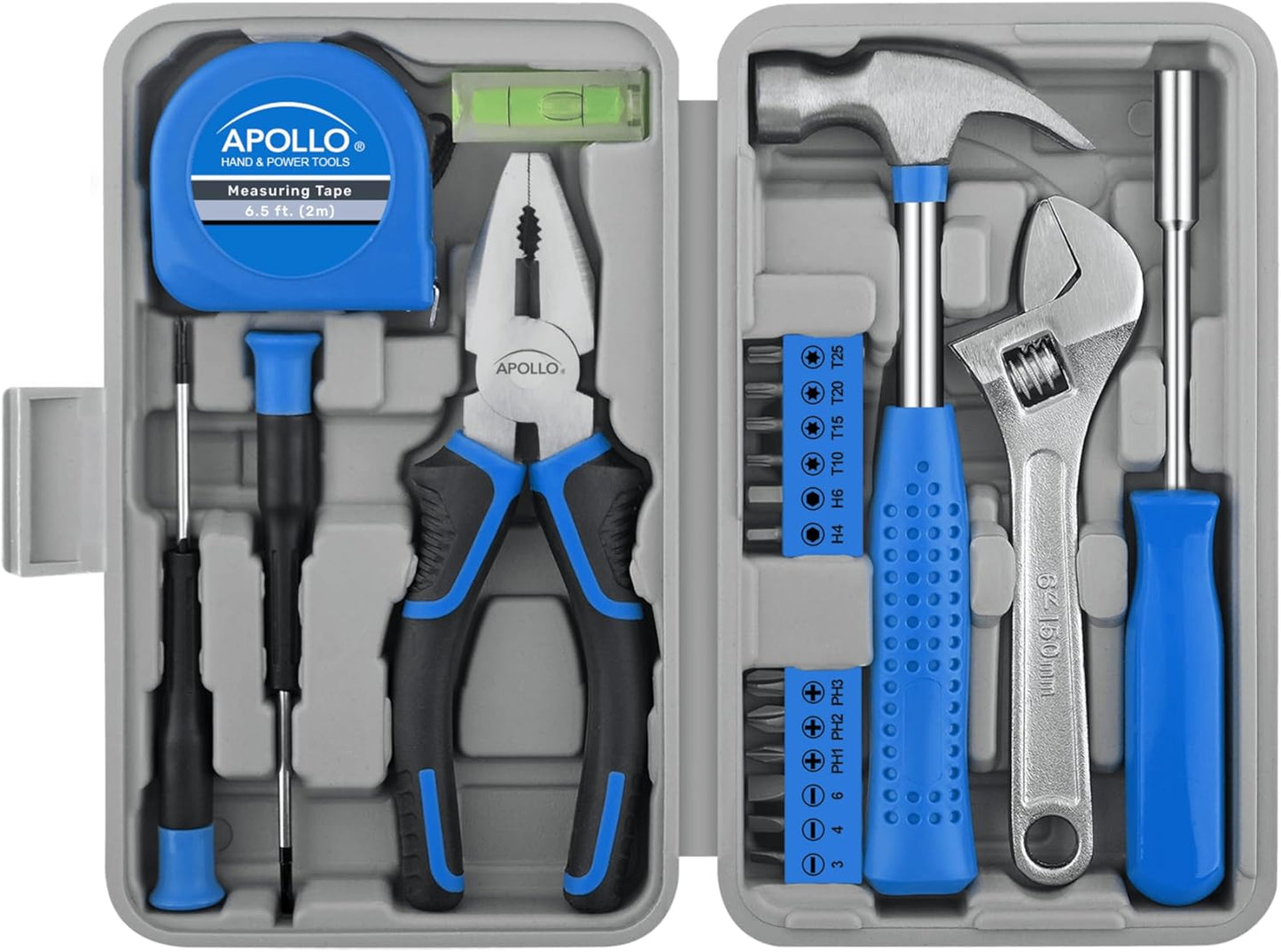 Apollo Tools 20-Piece Compact DIY Household Tool Set – Book-Sized Home Repair Kit with Hammer, Screwdrivers, Wrench, Bits & Case – Portable for Apartment, Dorm, Office, & Every day – Blue/Gray DT1031