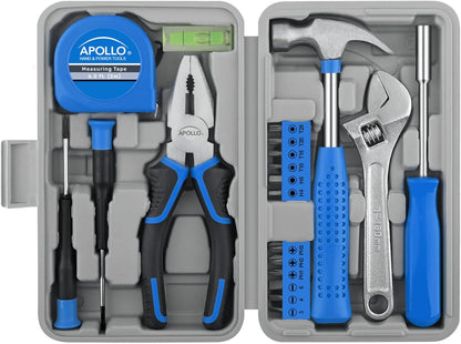Apollo Tools 20-Piece Compact DIY Household Tool Set – Book-Sized Home Repair Kit with Hammer, Screwdrivers, Wrench, Bits & Case – Portable for Apartment, Dorm, Office, & Every day – Blue/Gray DT1031