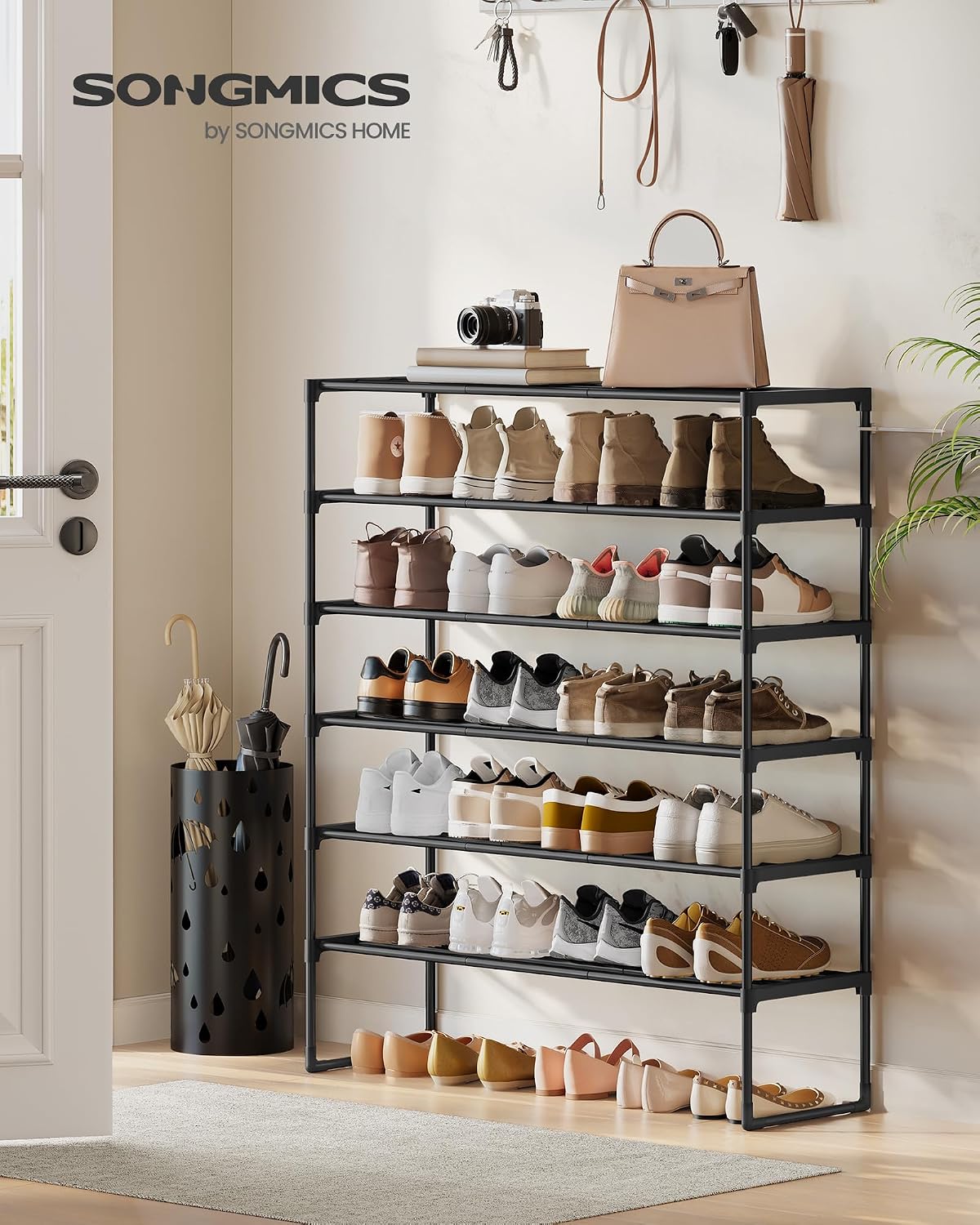 SONGMICS Shoe Rack, 6-Tier Shoe Organizer, Metal Storage Shelf, Upright or Upside Down, for 24-30 Pairs, Stackable, for Entryway, 11.8 x 36.2 x 42.7 Inches, Black ULSA306BH01