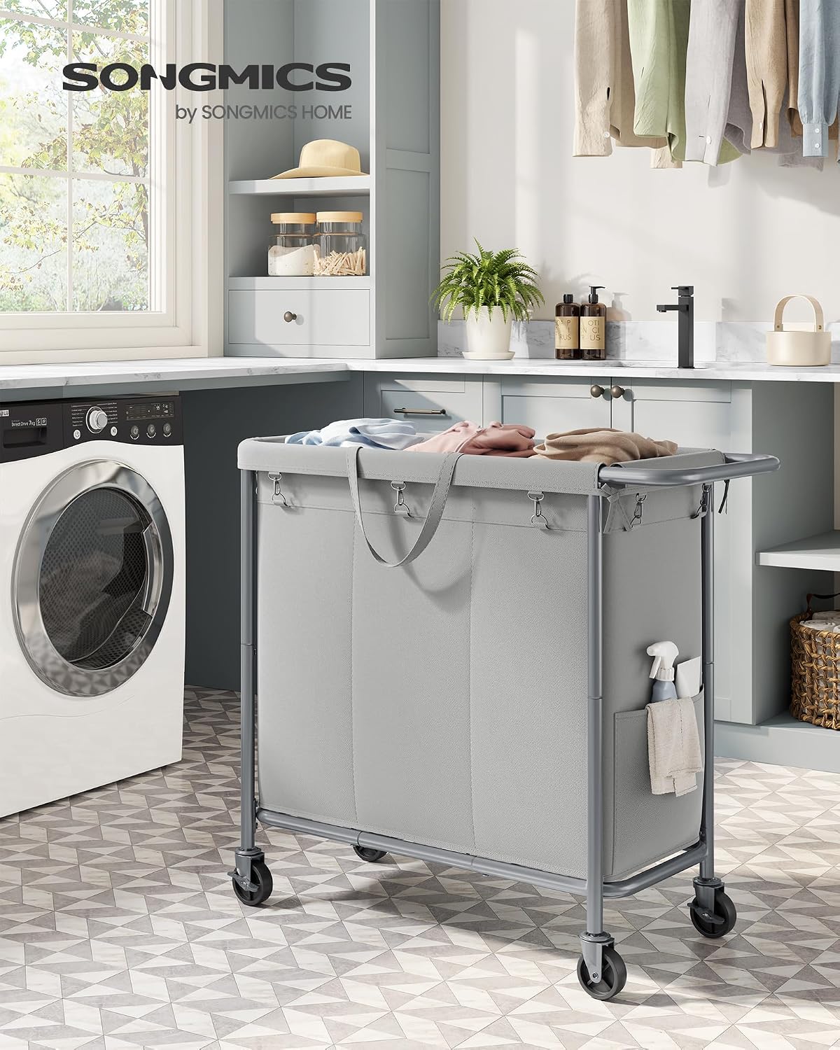 SONGMICS Laundry Basket with Wheels, 3-Section Rolling Laundry Hamper, 52.8 Gallons (200 L), Removable Liner, Steel Frame with Handle, 35.8 x 15.4 x 31.9 Inches, Cream White URLS005W01