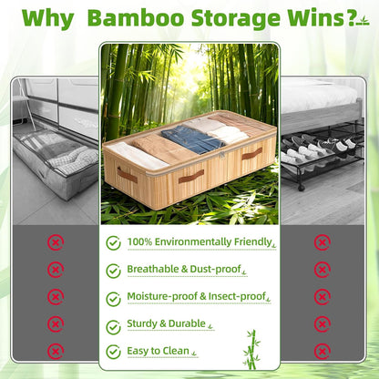 Livole 2 Pack Bamboo Under Bed Storage Containers with Wheels | Breathable Bamboo, Invisible Wheels, 6 inches Height, 56L Large Capacity, Easy Setup, Handles, Clear Lid