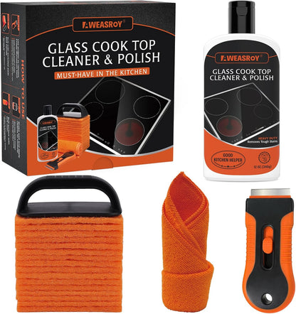 AWEASROY Glass Stove Top Cleaner Kit 12 oz, Cooktop Cleaner and Polish Non-Abrasive No Scratch Removes Tough Stains, with Scrubbing Pad, Handle, Scraper, Cloth