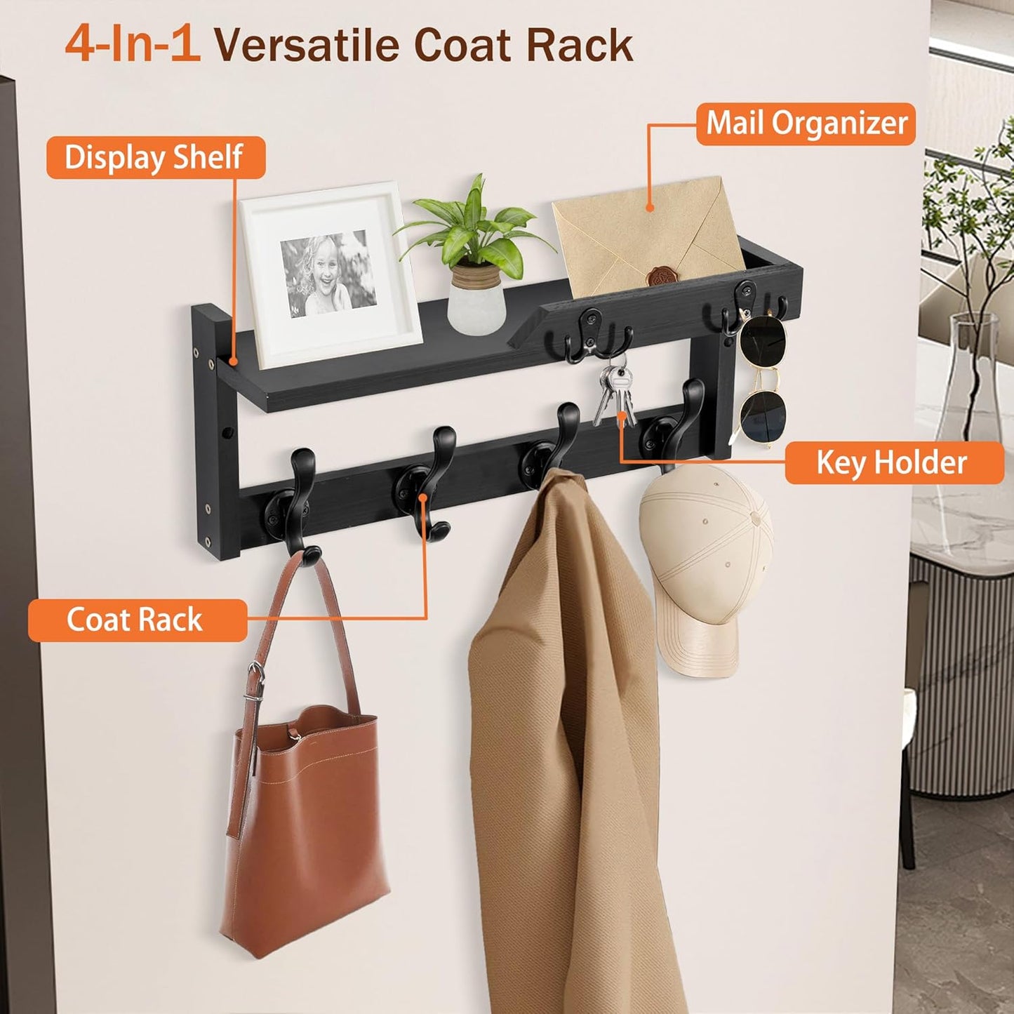 dreampossible Coat Rack Wall Mount with Shelf, Coat Hanger Wall Mount with Key Hooks and Mail Holder, Wood Entryway Floating Shelf with Hooks and Storage, Hat Rack for Wall Key Holder Mail Organizer